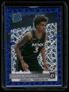 lot 144 image: Jaden McDaniels RC 2020 Donruss Optic Blue #178  Minnesota Timberwolves Basketball Card