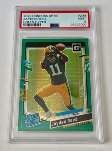 lot 23A image: Jayden Reed RC PSA 9 Mint 2023 Donruss Optic Green Hyper #239 Rookie Football Card