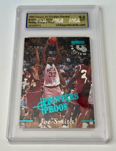 lot 58A image: Joe Smith Graded 9 Mint RC 1995 Classic BK Rookies Preview Hobby Printers Proof #HP3 Baskeball Card