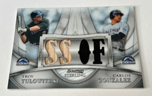 lot 61A image: Troy Tulowitzki  Carlos Gonzalez Dual Relic 199 2020 Bowman Sterling #BL-18 Boxloader, numbered 72199, Baseball Card
