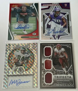 lot 75A image: Auto and Relic RC 4 Card Football Lot - Antonio Gibson 100 Tri- Relic, Jay Ward Auto, Mark Bavaro Auro, Eric Stokes 100 Auto