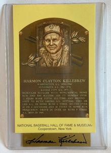lot 11B image: Harmon Killebrew Signed Metal Placard with National Baseball Hall of Fame Museum Post Card - Minnesota Twins Baseball