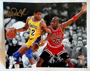 lot 14B image: Magic Johnson Signed 8x10 Photo With Michael Jordan and COA - Los Angeles Lakers Basketball