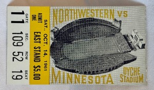lot 52B image: 1961 University of Minnesota vs. Northwestern Vintage Football Ticket Stub at Dyche Stadium
