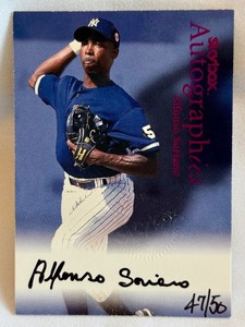 lot 307A image: Alfonso Soriano RC AUTO 50 1999 Skybox Seal of Authenticity, numbered 4750, New York Yankees Baseball Card