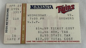 lot 61B image: Scott Erickson No Hitter Ticket Stub April 27, 1994 Minnesota Twins Baseball Game