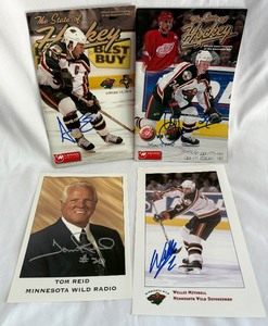 lot 73B image: (4) Autographed Minnesota Wild Hockey Programs and Photos - Andrew Brunette, Antti Laaksonen, Tom Reid, Willie Mitchell