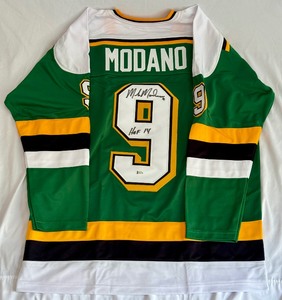 lot 13B image: Mike Modano Signed Minnesota North Stars Hockey Jersey With Beckett COA Inscribed HOF 14 Size XL
