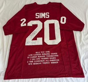lot 29B image: Billy Sims Signed Football Jersey with JSA COA Inscribed H.T. 1978 University of Oklahoma  Detroit Lions