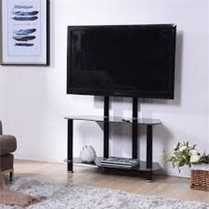 lot 16 image: HODEDAH 35 in. Black Glass TV Stand Fits TVs Up to 55 in. with Cable Management   Customer Returns See Pictures