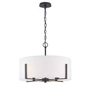 lot 52 image: Home Decorators Collection Manhattan 4-Light Matte Black Pendant with White Drum Shade Customer Returns See Pictures
