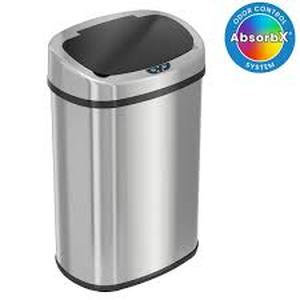 lot 64 image: iTouchless 13 Gal.  49 Liter Stainless Steel Household Metal Trash Can with Sensor Lid and Odor Filter  Customer Returns See Pictures