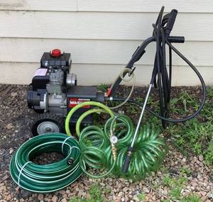 lot 85 image: Craftsman High Pressure Washer 1400 PSI 3HP with Attachments and New Garden Hose Model 580.741700 Serial #1391564 GPM 2.0