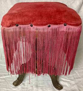 lot 122 image: Metal Clawfoot Tripod Base Antique Footstool with Upholstered Tassel Seat Cushion
