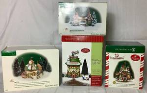 lot 171 image: North Pole Series Department 56 Naughty or Nice Detective Agency Holiday Gift Set, Welcome to Elf Land Gateway Entrance, Alfies Toy School for Elves, The Elf Spa and