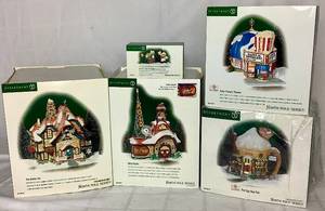 lot 177 image: Department 56 North Pole Series The Egg Nog Pub Polar Palace Theater, KOLD Radio, The Antler Inn and An Irish Cheer for Santa