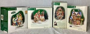 lot 186 image: North Pole Series Dept 56 The Peanut Brittle Factory, Maries Doll House, Bjorn Turoc Rocking Horse Maker and Scrooge McDuck & Marleys Counting House