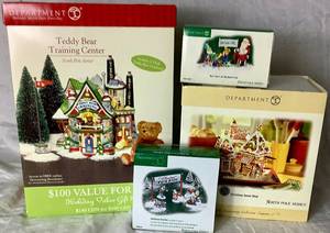 lot 190 image: North Pole Series by Dept 56 Christmas Sweet Shop Gift Set, Teddy Bear Training Center, Christmas Fun Run and New Years at the North Pole