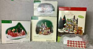 lot 189 image: North Pole Series Dept 56 Teddy Bear Training Center Holiday Gift Set, Real Plastic Snow Factory, Welcome to Elfland Gateway Entrance, Peppermint Front Yard with Peppermint Candies Sidewalk