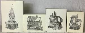 lot 199 image: Dept 56 Early Editions of North Pole Series Santas Lookout Tower, Santas Woodworks, Santas Light Shop and Santas Bell Repair