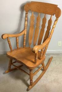 lot 74 image: Vintage Hard Rock Maple Rose Engraving Motif Rocking Chair