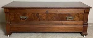 lot 117 image: Antique Marble Top Coffee Table on Wheels with Drawer