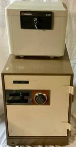 lot 56 image: Sentry Fire Safe Model 2180 with key 15 W x 11 D x 13 H and Montgomery Ward Combo Floor Safe Model 9042 22 H x 23 D x 16.5 W