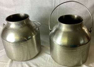 lot 90 image: Two Stainless Steel Milk ContainersBuckets 13 H x 13 bottom diameter, 7.5 opening diameter