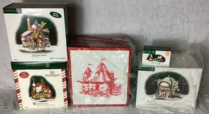 lot 178 image: Department 56 North Pole Series Netties Mistletoe Manor, Welcome to Netties B & B, The Christmas Candy Mill, Starlight Dance Hall and 1998 Elsies Gingerbread