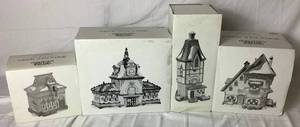 lot 197 image: Dept 56 Early Editions of North Pole Series The Glacier Gazette, Hall of Records, Rimpys Bakery and Beard Barber Shop