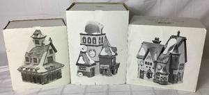 lot 196 image: Dept 56 Early Editions of North Pole Series Reindeer Barn, Weather and Time Observatory and Tassys Mittens & Hassels Woolies