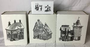 lot 195 image: Dept 56 Early Editions of North Pole Series Obbies Books & Letrinkas Candy, Orlys Bell & Harness Supply and Elfin Forge & Assembly Shop
