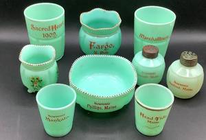 lot 134 image: Antique Tarentum Pomono Green Uranium Custard Glass Souvenir Editions - 9 Pieces