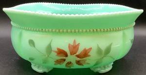 lot 128 image: Antique Tartentum Painted Glass Master Berry Bowl Pomono Green Uranium Custard Glass
