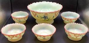 lot 141 image: Antique Tarentum Victoria Hand Painted Custard Uranium Glass Berry Bowl and 5 Sauce Bowls