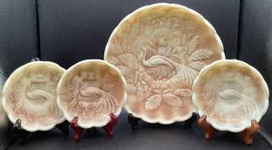 lot 135 image: Antique Northwood Custard Glass Peacock & Urn Master Ice Cream Bowl and 3 Individual Ice Cream Bowls