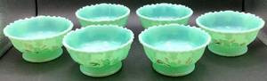 lot 130 image: Antique Tartentum Painted Glass Sauces Bowls Pomono Green Uranium Custard Glass - Set of 6