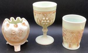 lot 136 image: Antique Northwood Grape Custard Uranium Glass Tumbler, Fine Cut Roses Rose Bowl and Northwood Grape Gothic Arches Goblet