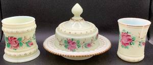 lot 145 image: Antique Heisey Hand Painted Ring Band Custard Uranium Glass Butter Dish, Spooner and Tumbler