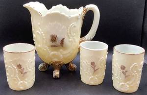 lot 137 image: Antique Northwood Lous XV Custard Uranium Glass Pitcher 7.5 and 3 Tumblers 4