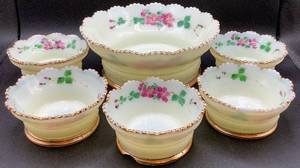 lot 143 image: Antique Heisey Hand Painted Custard Uranium Glass Master Berry Bowl and 5 Sauce Bowls