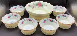 lot 142 image: Antique Heisey Custard Uranium Glass Master Berry Bowl and 6 Sauce Bowls with Hand Painted Roses and Gold Trim