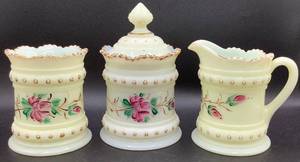 lot 144 image: Antique Heisey Hand Painted Roses Custard Uranium Glass Ring Band Creamer, Celery Vase and Sugar with Lid