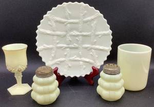 lot 147 image: Antique Custard Uranium Glass Northwood Wright Twig 7 Plate, 4 Tumbler, Salt & Pepper Set and 4.25 H Cordial Glass