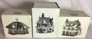 lot 252 image: Retired Dept 56 New England Village Series Weston Train Station, Brick Town Hall and Arlington Falls Church