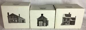 lot 250 image: New England Village Series Retired Dept 56 Livery Stable & Boot Shop, Apothecary Shop and Nathaniel Bingham Fabrics & Post Office