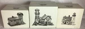 lot 257 image: Dept 56 Retired New England Village Series Cape Keag Fish Cannery, Craggy Cove Lighthouse and Pigeonhead Lighthouse