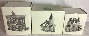 lot 256 image: Dept 56 Retired New England Village Series Woodbridge Post Office, Boarding House and Sleepy Hollow Church