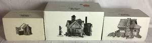 lot 255 image: Dept 56 Retired New England Village Series Semples Smokehouse, Steens Maple House and Timber Knoll Log Cabin