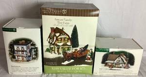 lot 268 image: New England Village Series Dept 56 Whale Tale Pub & Inn, Harpers Farmhouse and Sawyer Family Tree Holiday Gift Set